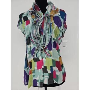 Lapis Ruffled Chiffon‎ Blouse Small Multicolor Sheer Short Sleeve Festival